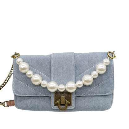Front of the Gold Eleanor Purse Chain on a blue purse