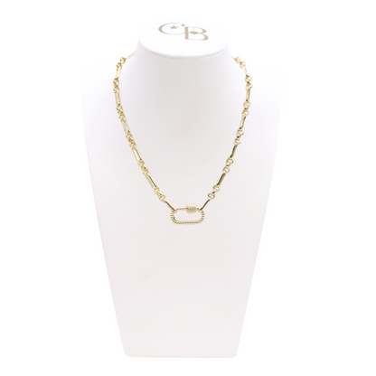 Front view of the Gold Anna Necklace with Bella Carabiner on CB Bust
