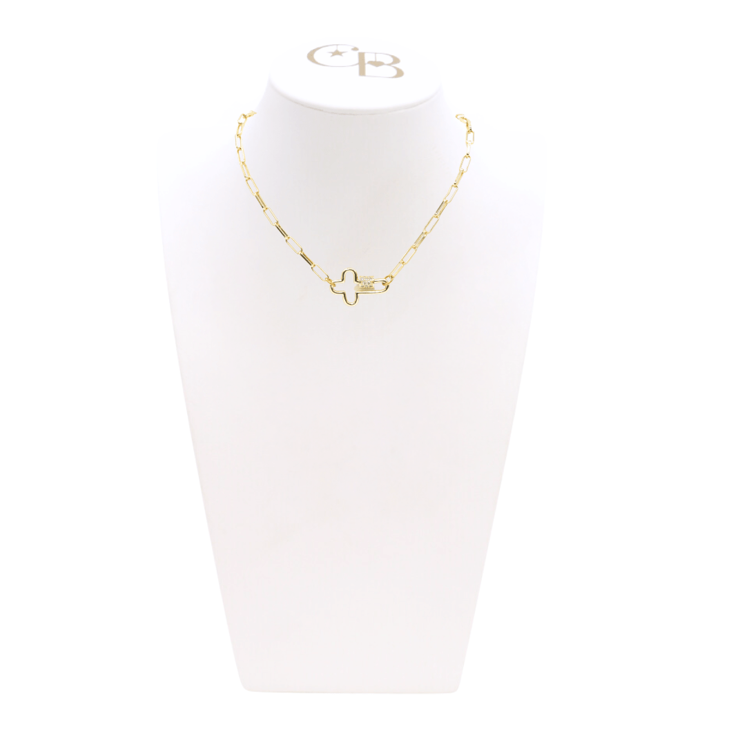 Front of the Gold Ashley Necklace with Mary Carabiner on CB Bust