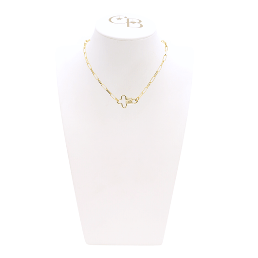 Front of the Gold Ashley Necklace with Mary Carabiner on CB Bust