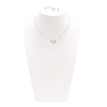 Front view of the Silver Avery Kate Necklace With Small Gabi Carabiner on CB Bust