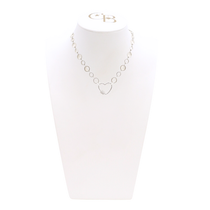 Front view of the Silver Emilia Necklace With Heart Gabi Carabiner on CB Bust