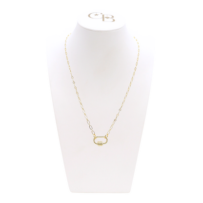 Front view of the Gold Christie Necklace with Small Bella Carabiner on CB Bust