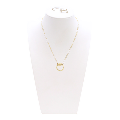 Front view of the Gold Christie Necklace with Round Bella Carabiner on CB Bust