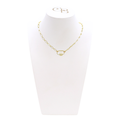 Front view of the Gold Paige Necklace with Small Bella Carabiner on CB Bust