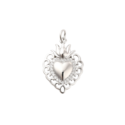 Silver Flaming Sacred Heart Charm