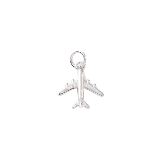 A silver charms shaped like an airplane, with a loop on top for attachment.