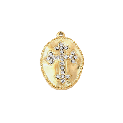 Gold Oval Ornate Cubic Zirconia Cross Charm