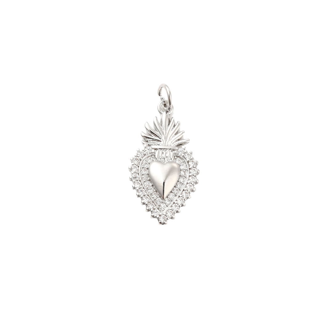 Silver Cubic Zirconia Flaming Holy Heart Charm