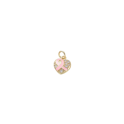 Heart-shaped charm with a pink ribbon on a white background