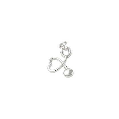 Silver stethoscope charm on a white background