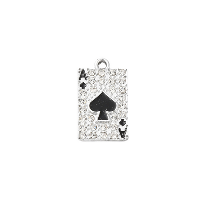 Pendant shaped like a playing card ace of spades with rhinestone details on a white background
