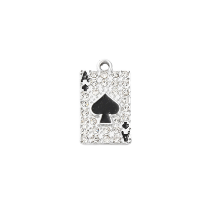 Pendant shaped like a playing card ace of spades with rhinestone details on a white background
