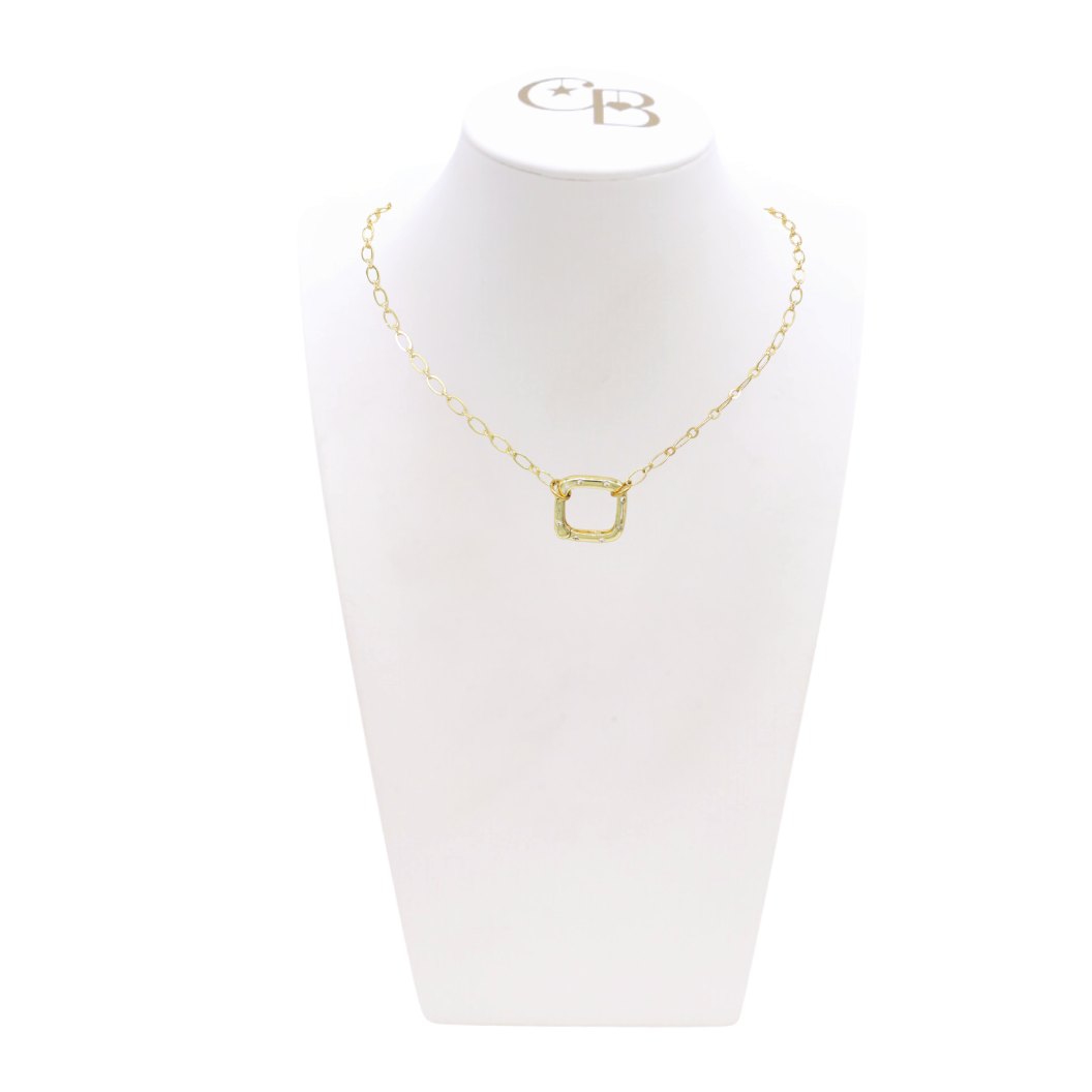 Front view of the Gold Christie Necklace with Square Lily Carabiner on CB Bust