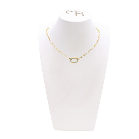 Front of the Gold Christie Necklace with Gold Turquoise Blair Carabiner on CB Bust