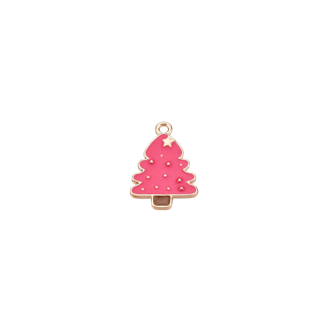 Pink Christmas tree charm with gold accents on a white background