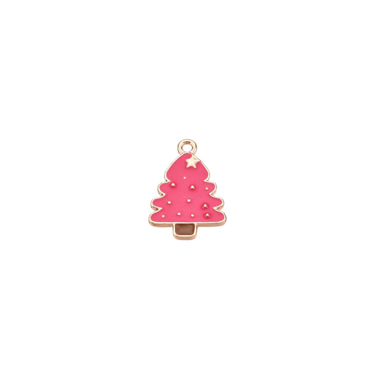 Pink Christmas tree charm with gold accents on a white background