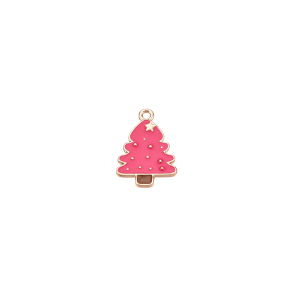 Pink Christmas tree charm with gold accents on a white background