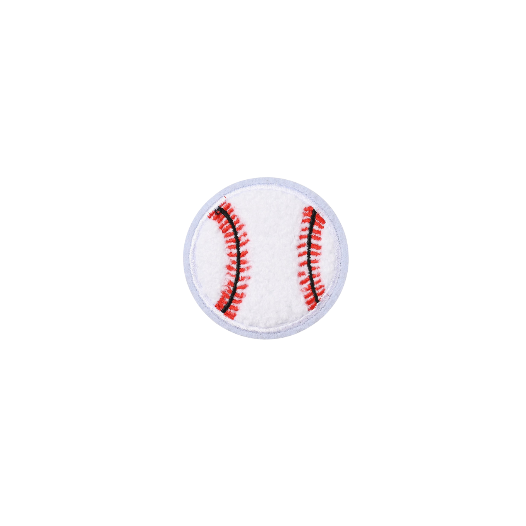 Baseball-shaped patch with red stitching on a white background