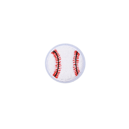 Baseball-shaped patch with red stitching on a white background