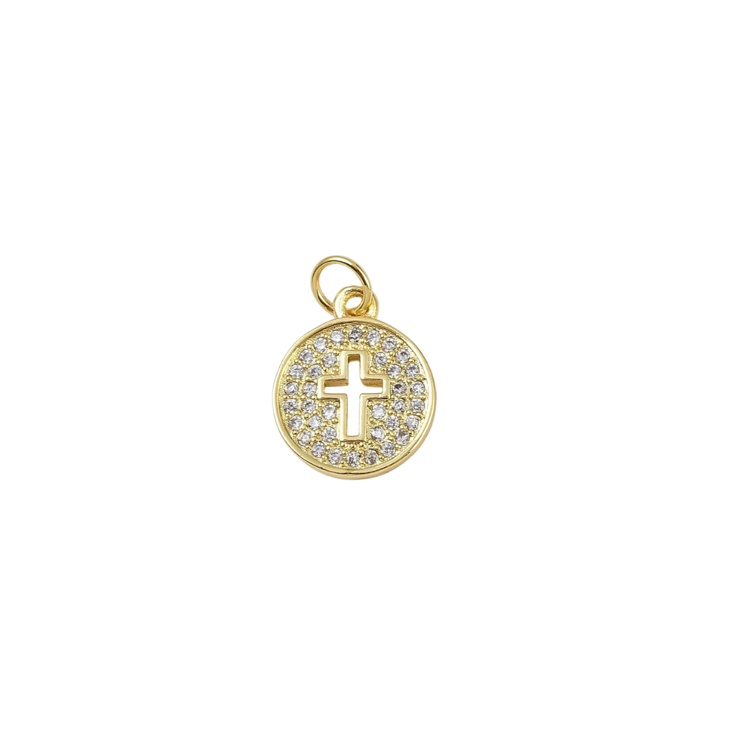 Gold Gleaming Center Cross with Micro Pave Cubic Zirconia Charm