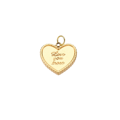 Gold heart-shaped pendant with 'Love you more' engraving on a white background