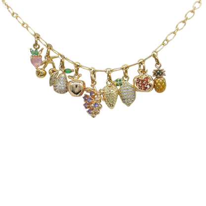 Necklace with various fruit-shaped charms on a white background