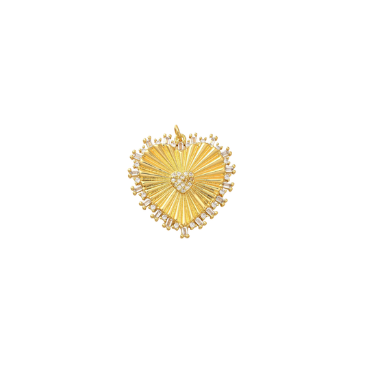 Gold heart-shaped brooch with辐射 design on a white background