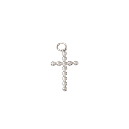 Silver cross pendant with beads on a white background