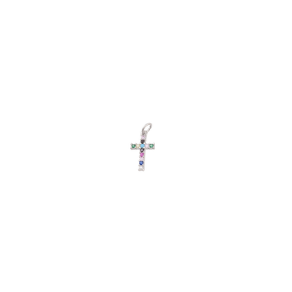 Cross-shaped pendant with colorful stones on a white background
