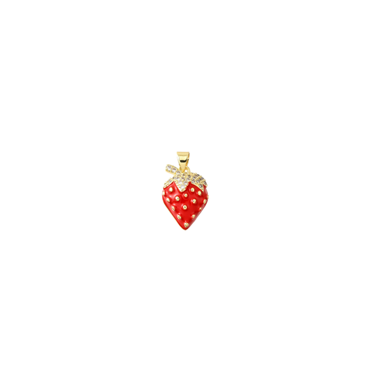 Red strawberry-shaped pendant with gold and clear gemstone details on a white background