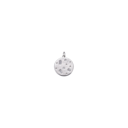 Silver pendant with engraved design on a white background