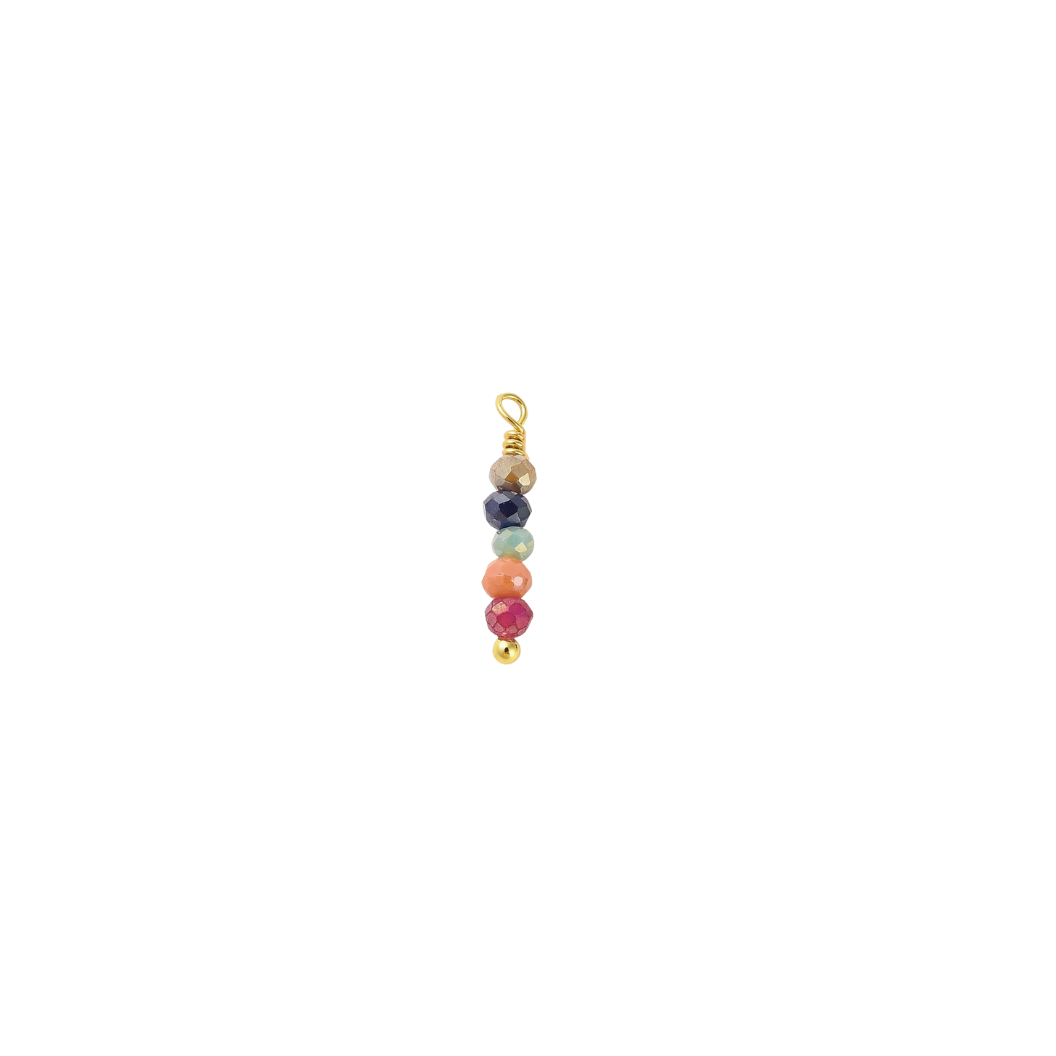 Multicolored beaded charm on a gold chain against a white background