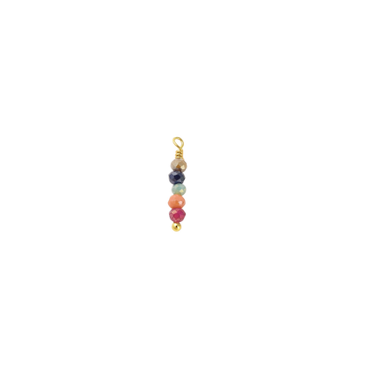 Multicolored beaded charm on a gold chain against a white background