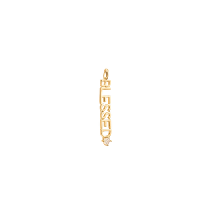 Gold pendant with 'Blessed' text on a white background