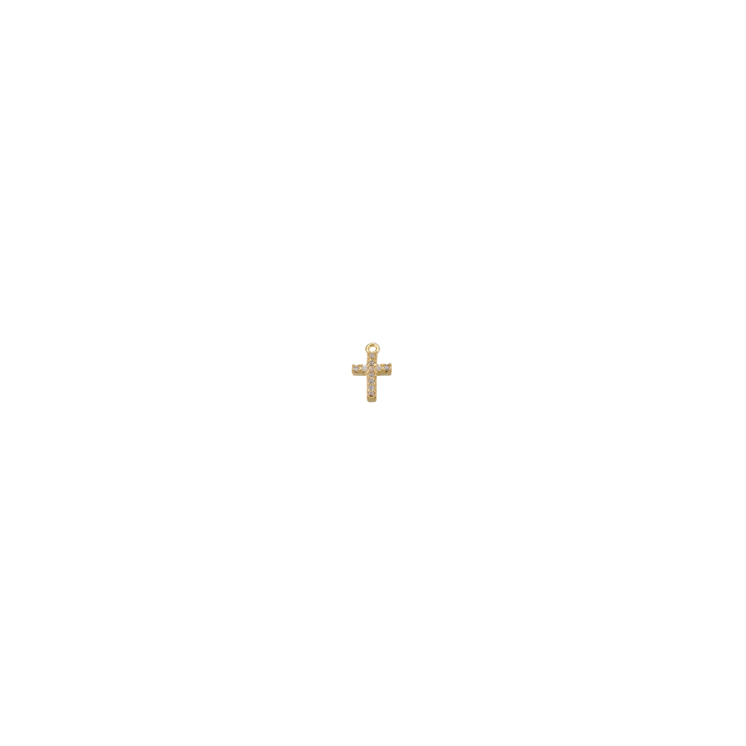 Gold Dainty Crystal Cross Charm on transparent background 