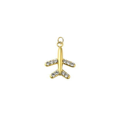 Gold airplane-shaped pendant with clear stones on a white background