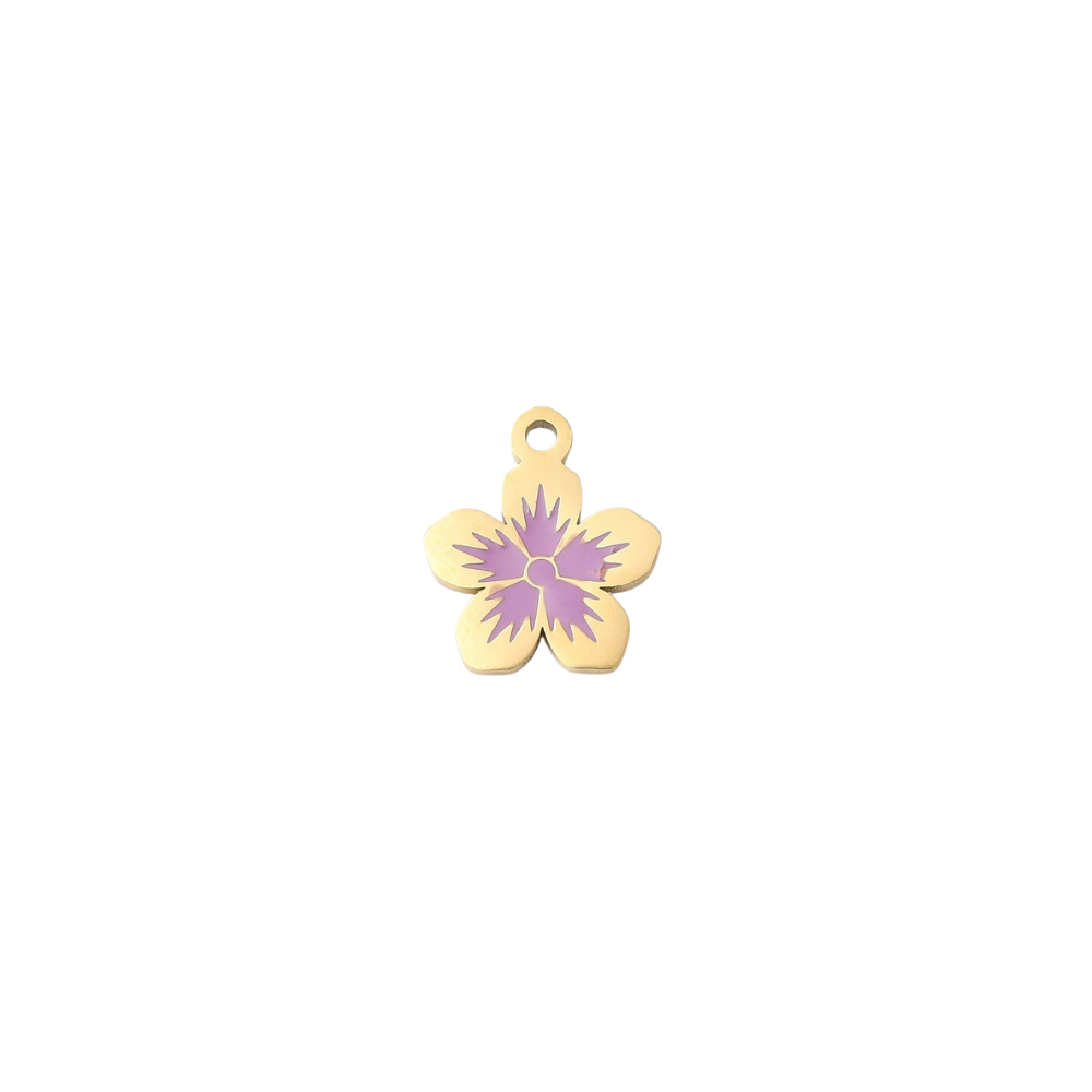 Gold flower-shaped pendant with purple center on a white background
