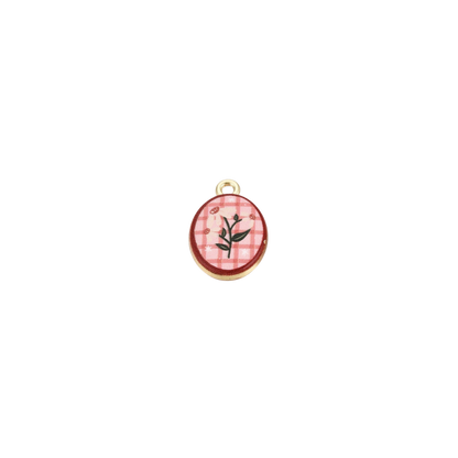 Gold Pink Checkered Floral Oval Charm
