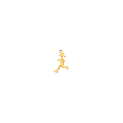A small gold charm shaped like a running figure, centered on a plain white background.
