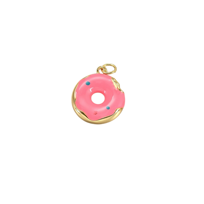 Pink donut charm with gold border on a white background