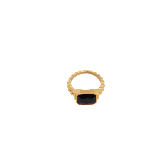 Black Gemstone with Gold Twisted Band Ring  | Waterproof Stainless Steel