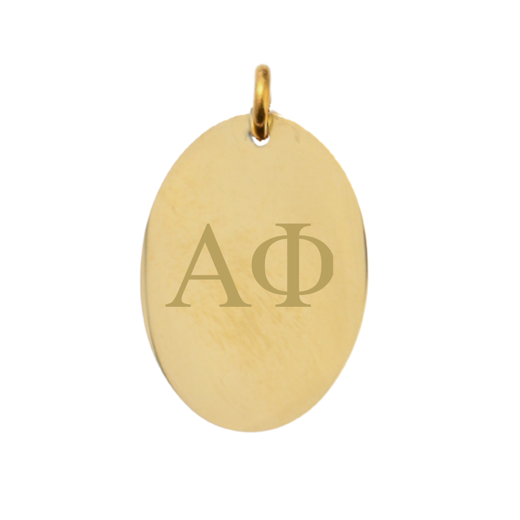 Alpha Phi Large Gold Oval Sorority Charm - Vertical Stacked Greek Letters | Waterproof, Hypoallergenic & Tarnish Resistant