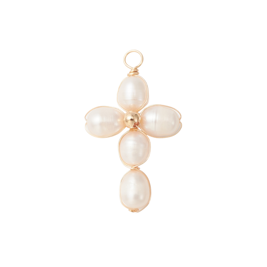 Front view of the Gold Pearl Pendant Cross Charm