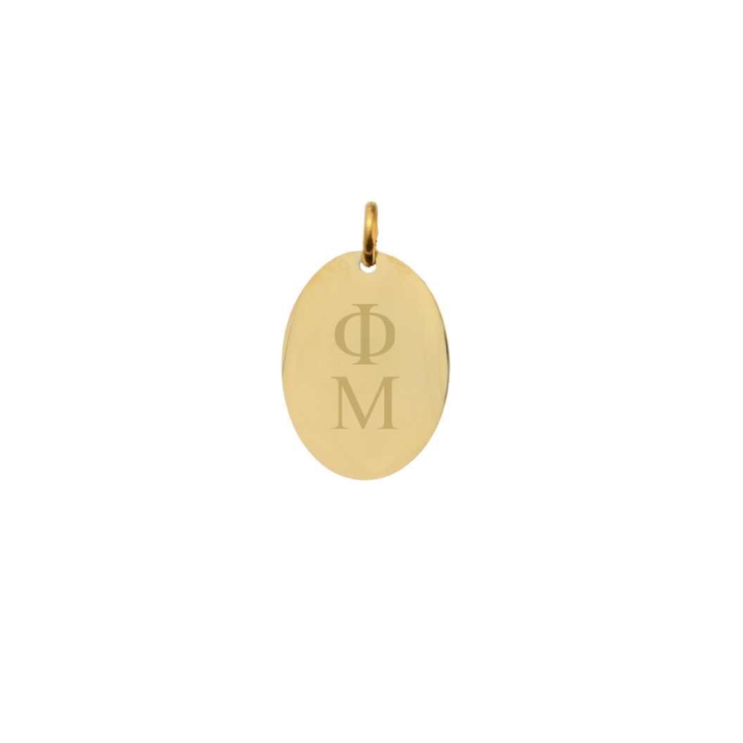 Phi Mu Small Gold Oval Sorority Charm - Vertical Stacked Greek Letters