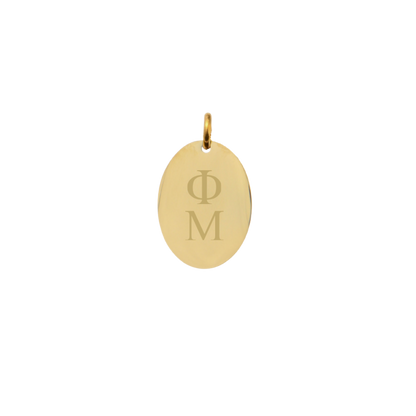 Phi Mu Small Gold Oval Sorority Charm - Vertical Stacked Greek Letters