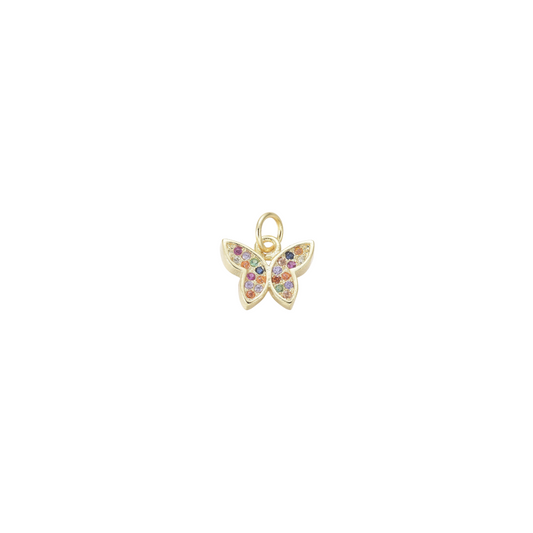 Gold butterfly pendant with colorful gemstones on a white background