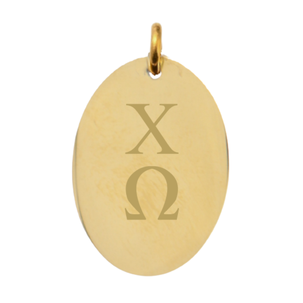 Chi Omega Large Gold Oval Sorority Charm - Vertical Stacked Greek Letters