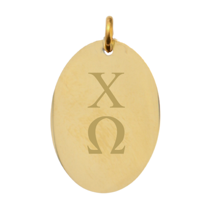 Chi Omega Large Gold Oval Sorority Charm - Vertical Stacked Greek Letters