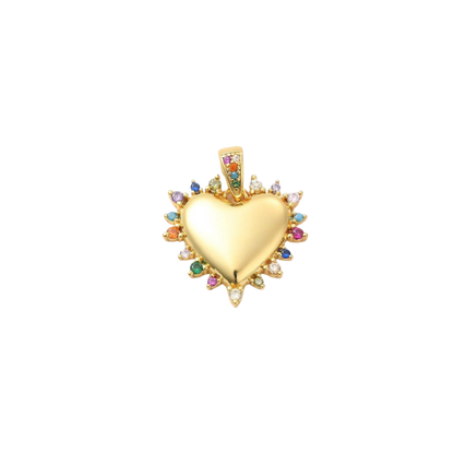 Gold heart-shaped pendant with colorful gemstones on a white background